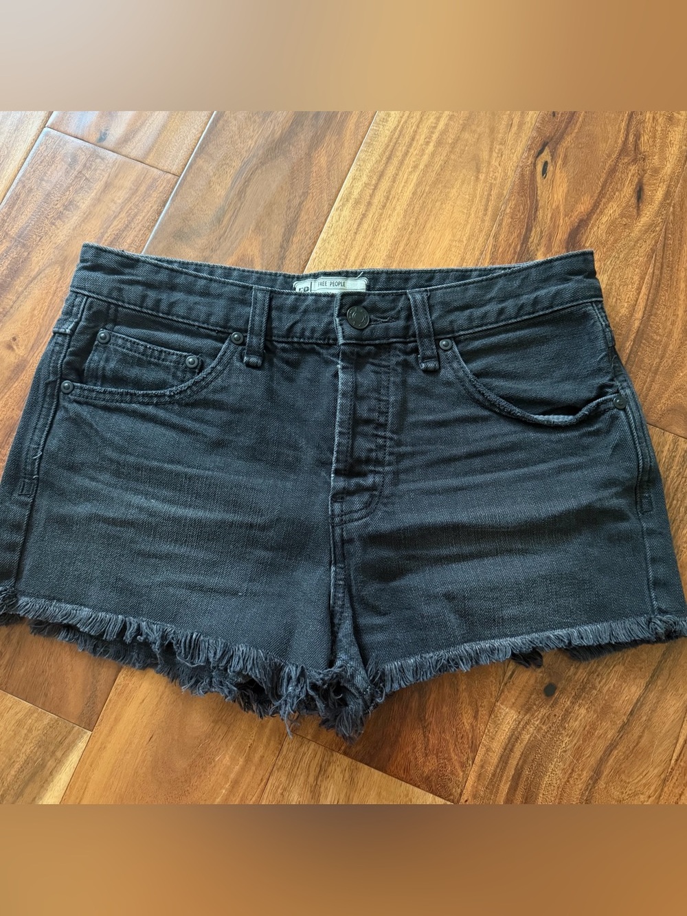 Free People Washed Black Denim Frayed Shorts